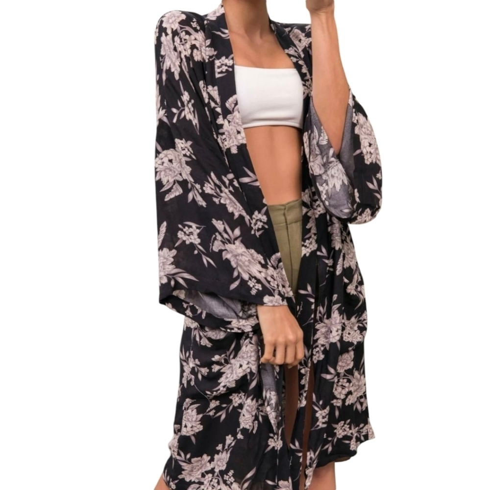 Spiritual Gangster Maya Black Floral Tie Front Kimono Robe Cover Up Duster OS